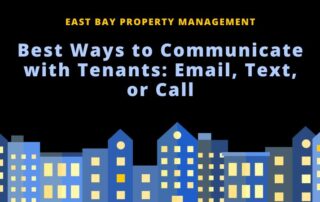 Title "Best Ways to Communicate with Tenants: Email, Text, or Call" in light blue letters over a dark blue background