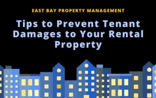 Title "Tips to Prevent Tenant Damages to Your Rental Property" in light blue letters over a dark blue background